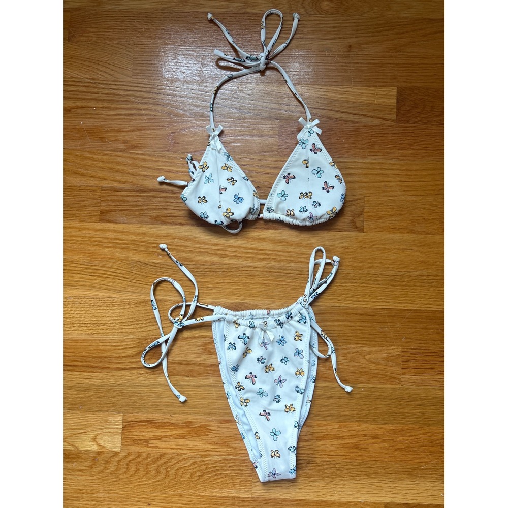 PacSun Swim Eco Butterfly Print Triangle Bikini Set White Multi Bows XS